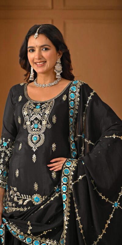Black NC Vichitra Silk Embroidery Work Salwar Suit | Jump Suits, Salwar suit, Casual Suits, Creative suits, Designer Suits, Palazzo Suits, Party Wear Suits, Patiala Suits, Straight Suits