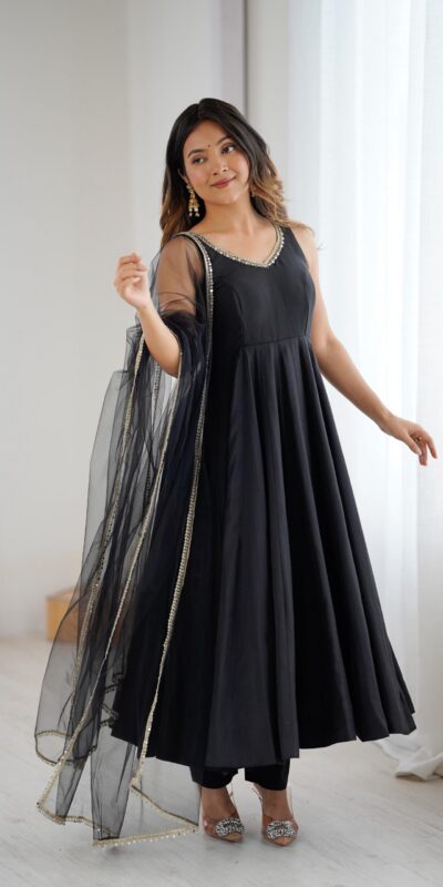 Black Roman Silk Chanderi Mirror Work Gown | Jump Suits, Salwar suit, Casual Suits, Creative suits, Designer Suits, Palazzo Suits, Party Wear Suits, Patiala Suits, Straight Suits
