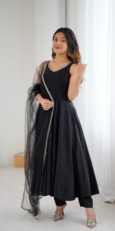 Black Roman Silk Chanderi Mirror Work Gown | Jump Suits, Salwar suit, Casual Suits, Creative suits, Designer Suits, Palazzo Suits, Party Wear Suits, Patiala Suits, Straight Suits