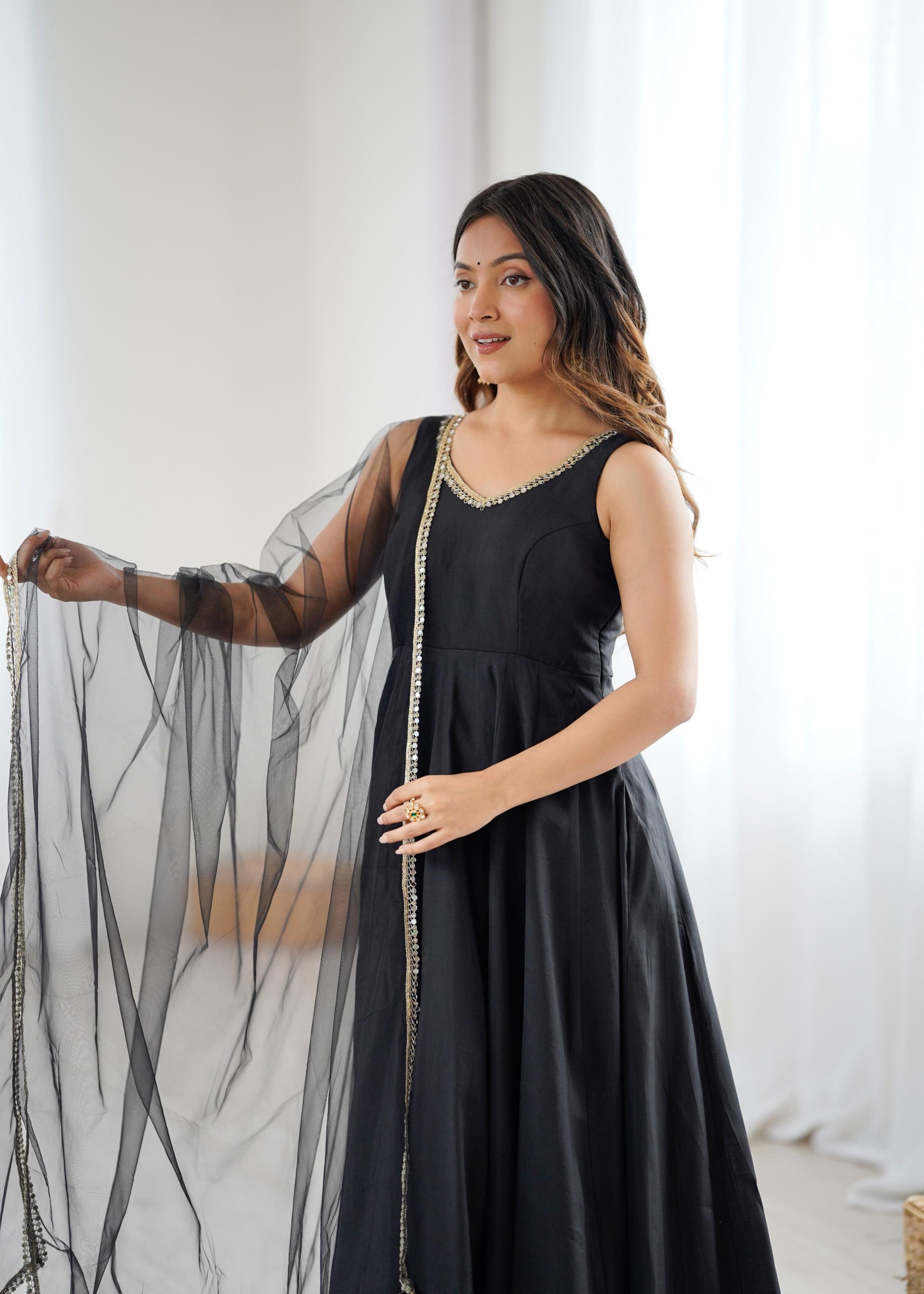 Black Roman Silk Chanderi Mirror Work Gown | Jump Suits, Salwar suit, Casual Suits, Creative suits, Designer Suits, Palazzo Suits, Party Wear Suits, Patiala Suits, Straight Suits