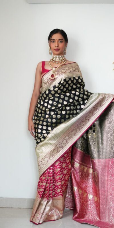 Black Soft Cotton Silk Golden Waving Saree | Sarees, Bollywood Sarees, Creative Sarees, Designer Sarees, Embroidered Sarees, Ethnic Saree, Modern Digital sarees, Party Wear Sarees