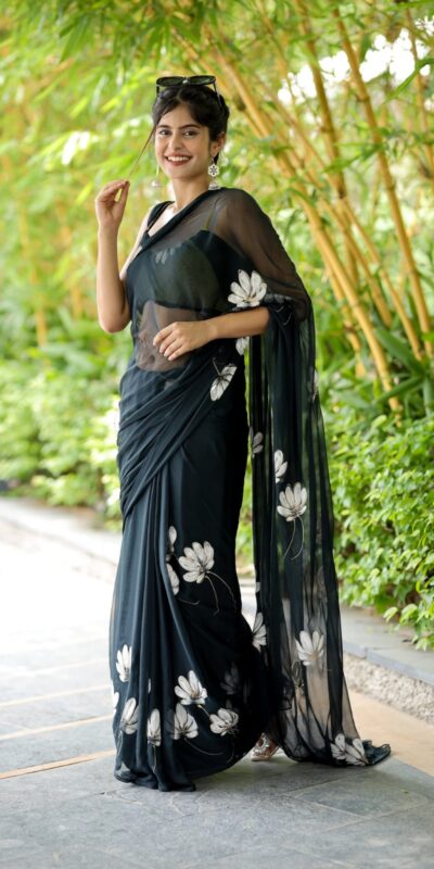Black Soft Georgette Silk All Over Saree | Sarees, Bollywood Sarees, Creative Sarees, Designer Sarees, Embroidered Sarees, Ethnic Saree, Modern Digital sarees, Party Wear Sarees