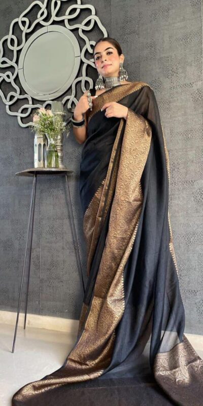Black Soft Litchi Silk Jacquard Work Saree | Sarees, Bollywood Sarees, Creative Sarees, Designer Sarees, Embroidered Sarees, Ethnic Saree, Modern Digital sarees, Party Wear Sarees