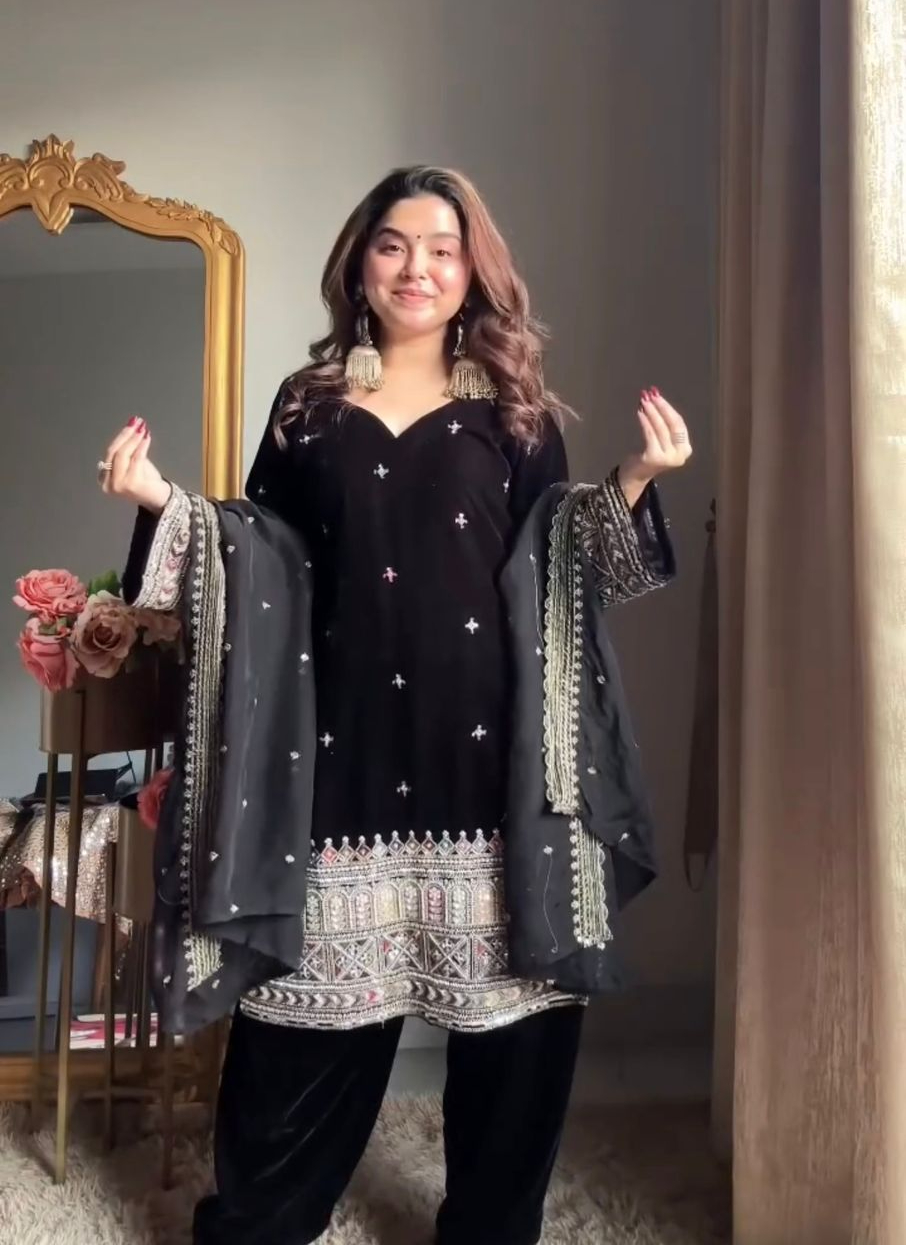Black Velvet With Sequence Work Salwar Suit | Jump Suits, Salwar suit, Casual Suits, Creative suits, Designer Suits, Palazzo Suits, Party Wear Suits, Patiala Suits, Straight Suits