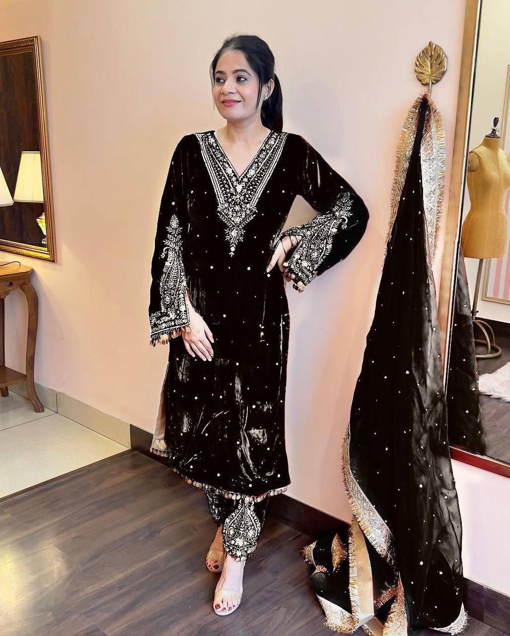Black Viscose Velvet Embroidery Salwar Suit | Jump Suits, Salwar suit, Casual Suits, Creative suits, Designer Suits, Palazzo Suits, Party Wear Suits, Patiala Suits, Straight Suits