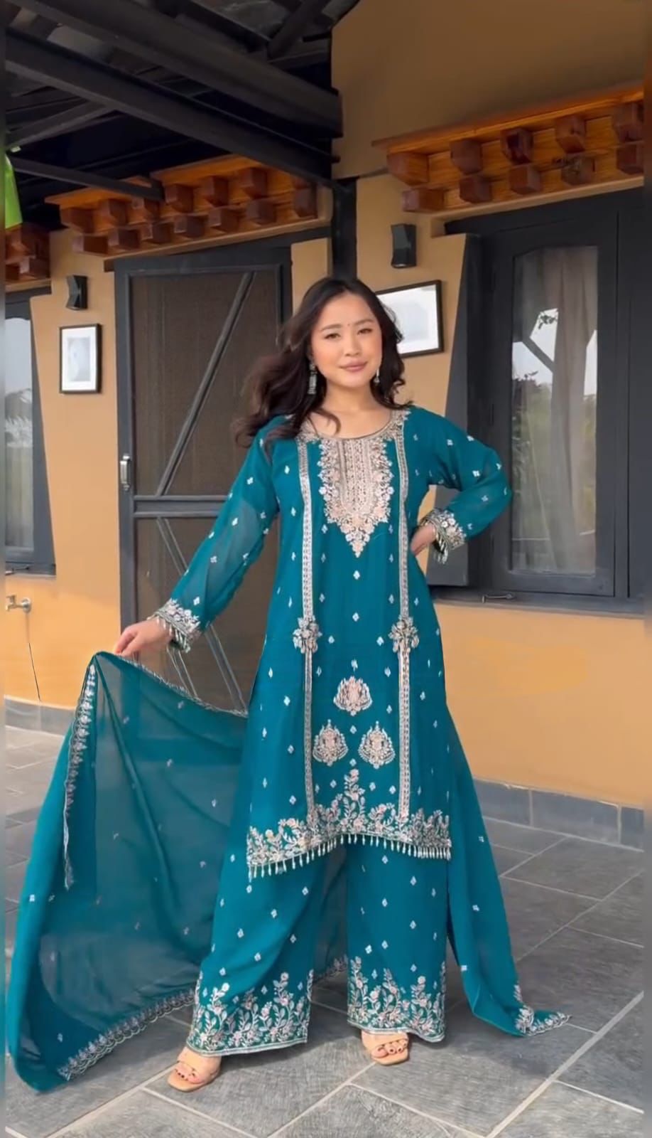 Blue Chinon Embroidery Work Moti Lace Salwar Suit | Jump Suits, Salwar suit, Casual Suits, Creative suits, Designer Suits, Palazzo Suits, Party Wear Suits, Patiala Suits, Straight Suits