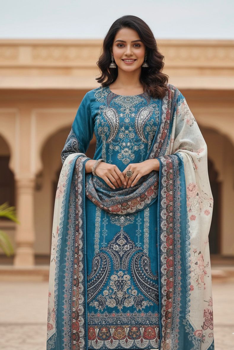 Blue Chinon Printed With Miror Work Salwar Suit | Jump Suits, Salwar suit, Casual Suits, Creative suits, Designer Suits, Palazzo Suits, Party Wear Suits, Patiala Suits, Straight Suits