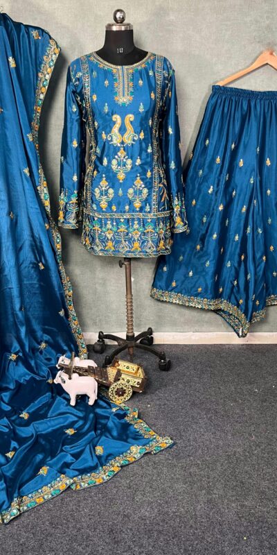 Blue Chinon Silk Sequin Embroidery Work Salwar Suit | Jump Suits, Salwar suit, Casual Suits, Creative suits, Designer Suits, Palazzo Suits, Party Wear Suits, Patiala Suits, Straight Suits