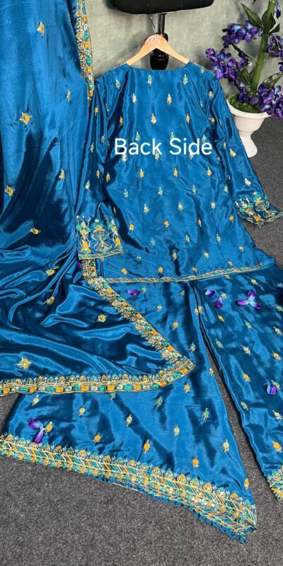 Blue Chinon Silk Sequin Embroidery Work Salwar Suit | Jump Suits, Salwar suit, Casual Suits, Creative suits, Designer Suits, Palazzo Suits, Party Wear Suits, Patiala Suits, Straight Suits