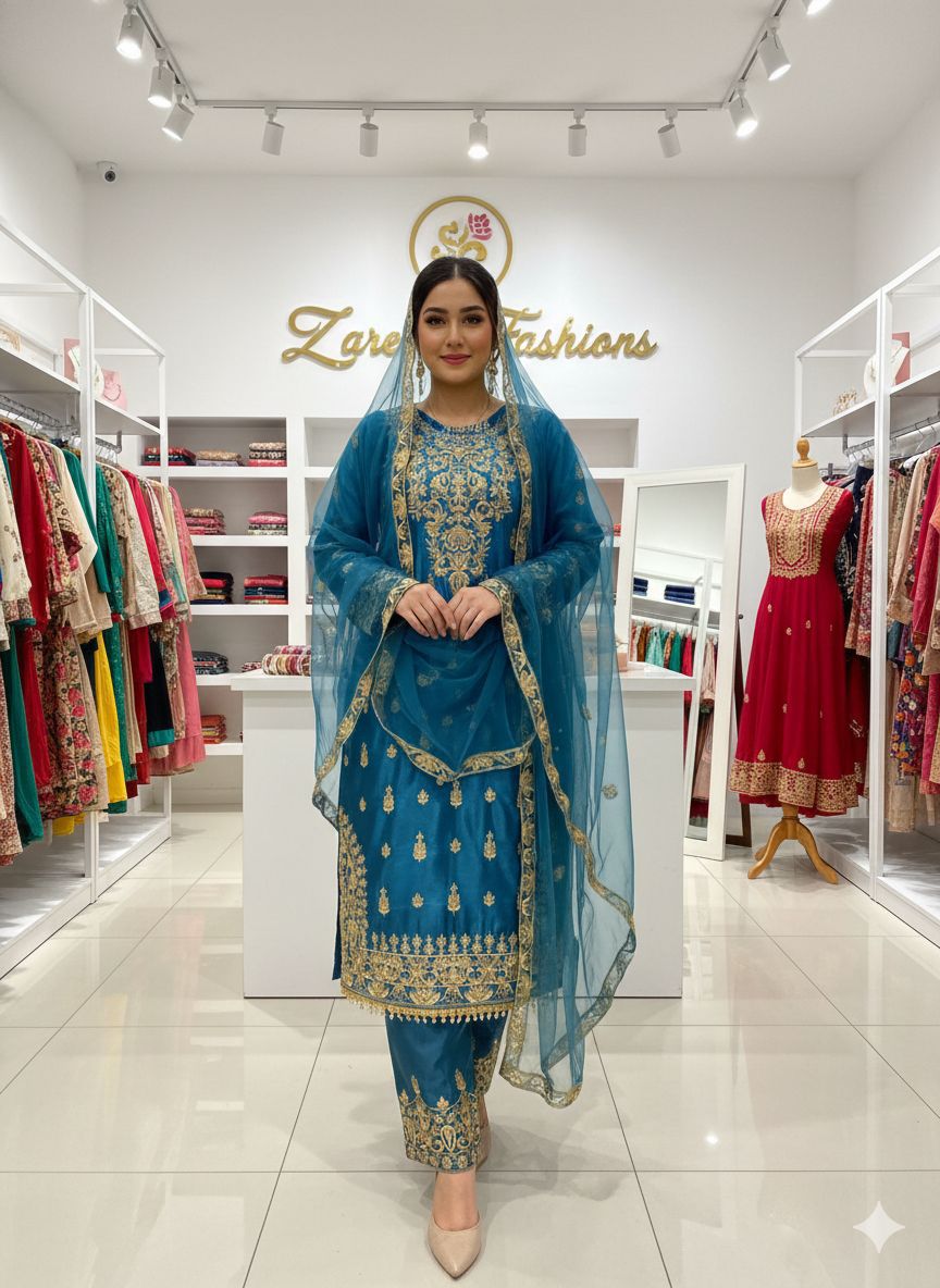 Blue Chinon With Embroidery Work Salwar Suit | Jump Suits, Salwar suit, Casual Suits, Creative suits, Designer Suits, Palazzo Suits, Party Wear Suits, Patiala Suits, Straight Suits