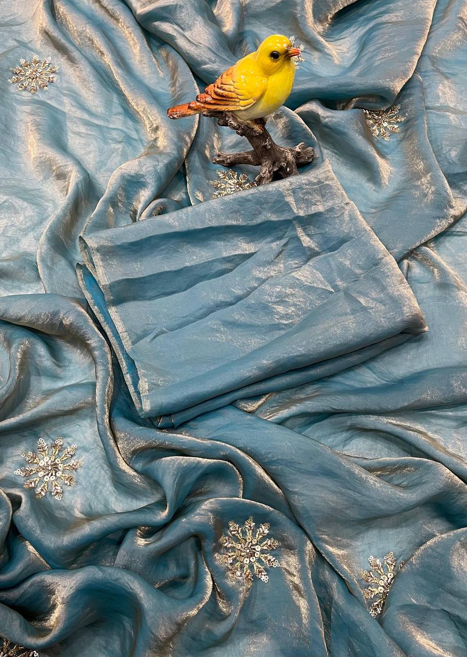 Blue Fandy Satin Silk Bead Work Saree | Sarees, Bollywood Sarees, Creative Sarees, Designer Sarees, Embroidered Sarees, Ethnic Saree, Modern Digital sarees, Party Wear Sarees