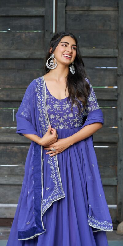 Blue Faux Blooming Sequins Work Gown | Gowns, Bollywood Gowns, Creative Gowns, Designer Gowns, Embroidered Gowns, Party Wear Gowns