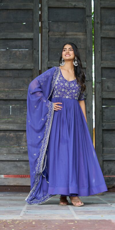 Blue Faux Blooming Sequins Work Gown | Gowns, Bollywood Gowns, Creative Gowns, Designer Gowns, Embroidered Gowns, Party Wear Gowns
