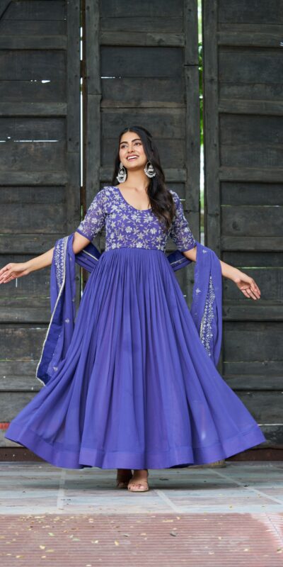 Blue Faux Blooming Sequins Work Gown | Gowns, Bollywood Gowns, Creative Gowns, Designer Gowns, Embroidered Gowns, Party Wear Gowns