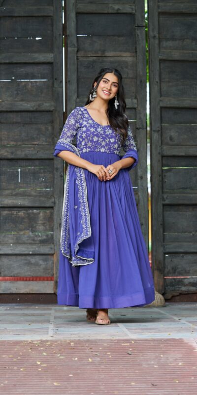 Blue Faux Blooming Sequins Work Gown | Gowns, Bollywood Gowns, Creative Gowns, Designer Gowns, Embroidered Gowns, Party Wear Gowns