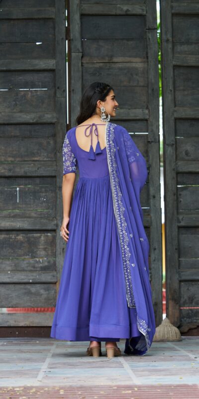 Blue Faux Blooming Sequins Work Gown | Gowns, Bollywood Gowns, Creative Gowns, Designer Gowns, Embroidered Gowns, Party Wear Gowns
