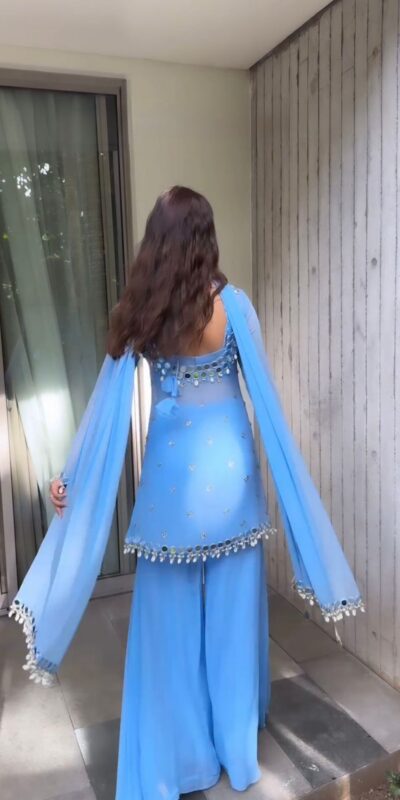 Blue Faux Georgette Cowrie Mirror Work Salwar Suit | Jump Suits, Salwar suit, Casual Suits, Creative suits, Designer Suits, Palazzo Suits, Party Wear Suits, Patiala Suits, Straight Suits