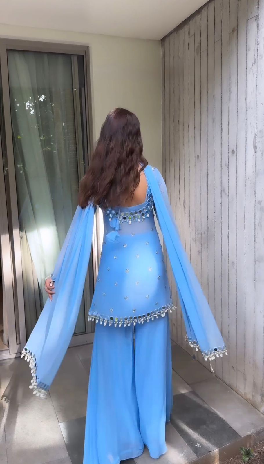 Blue Faux Georgette Cowrie Mirror Work Salwar Suit | Jump Suits, Salwar suit, Casual Suits, Creative suits, Designer Suits, Palazzo Suits, Party Wear Suits, Patiala Suits, Straight Suits
