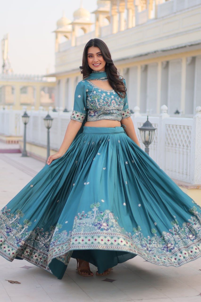 Blue Pure Chinon Embroidery Work Lehenga Choli | Lehenga, Bollywood Lehenga, Creative Lehenga, Designer Lehenga, Embroidered Lehenga, Party Wear Lehenga
