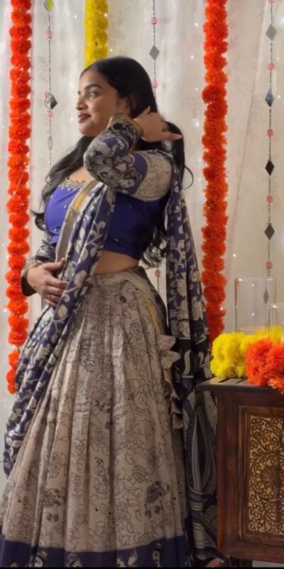 Blue Rion Cotton Kalamkari Print Lehenga Choli | Lehenga, Bollywood Lehenga, Creative Lehenga, Designer Lehenga, Embroidered Lehenga, Party Wear Lehenga