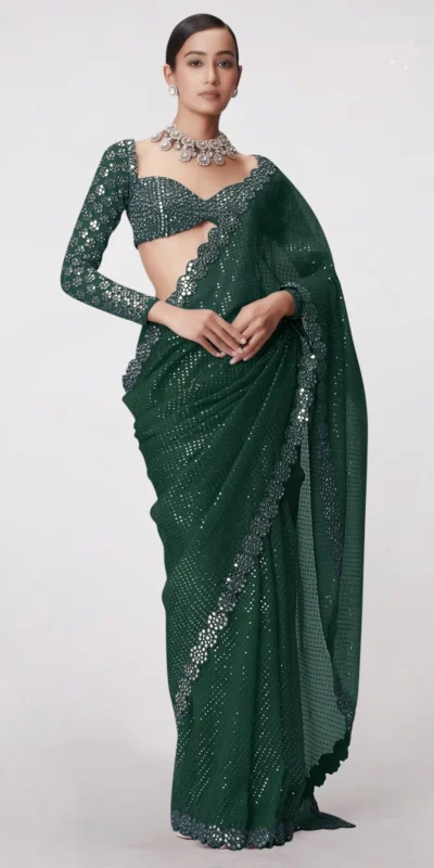 Bottle Green Georgette Sequence Work Saree | Sarees, Bollywood Sarees, Creative Sarees, Designer Sarees, Embroidered Sarees, Ethnic Saree, Modern Digital sarees, Party Wear Sarees