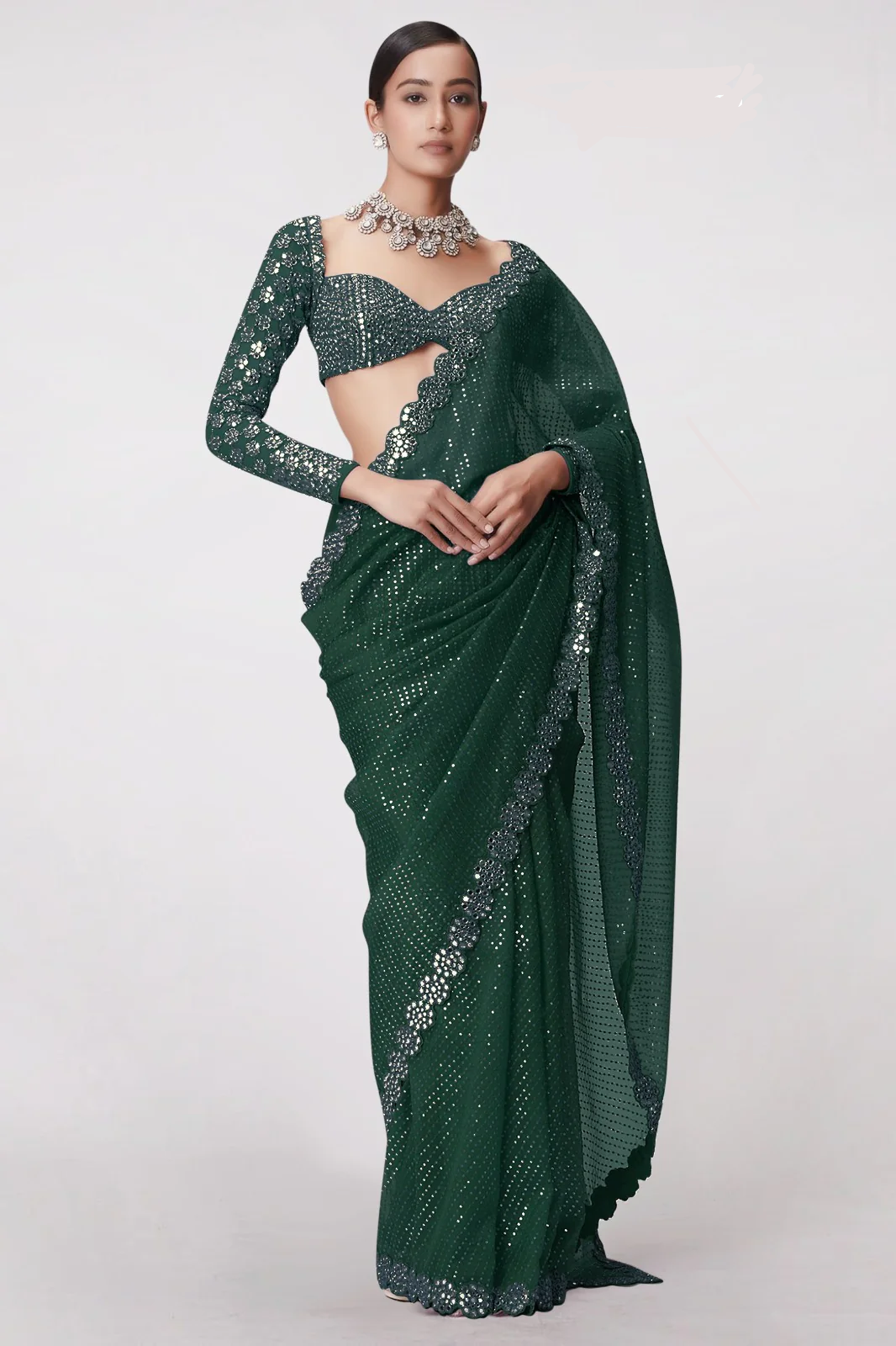 Bottle Green Georgette Sequence Work Saree | Sarees, Bollywood Sarees, Creative Sarees, Designer Sarees, Embroidered Sarees, Ethnic Saree, Modern Digital sarees, Party Wear Sarees