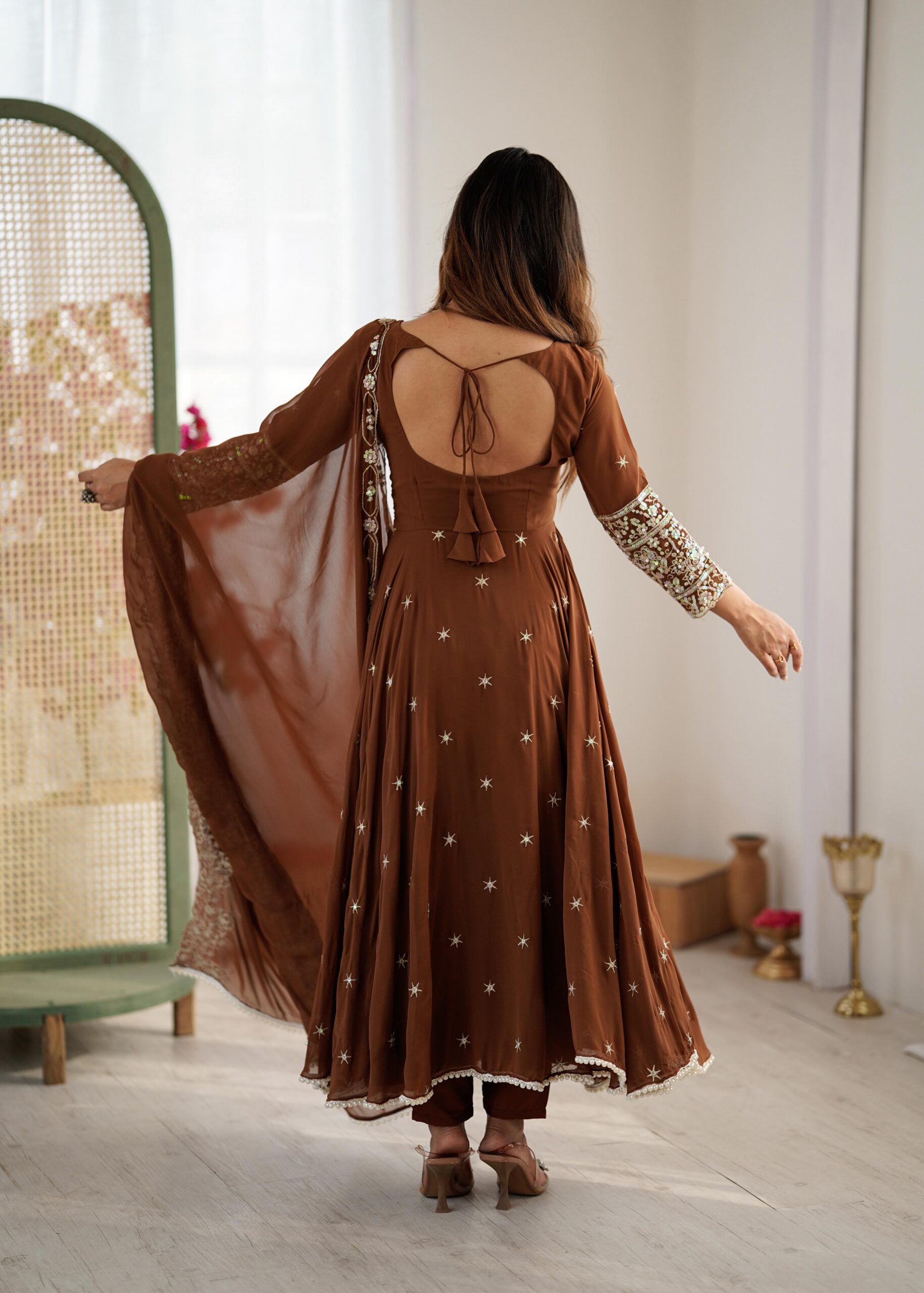 Brown Blooming Faux Embroidery Work Gown | Lehenga, Bollywood Lehenga, Creative Lehenga, Designer Lehenga, Embroidered Lehenga, Party Wear Lehenga
