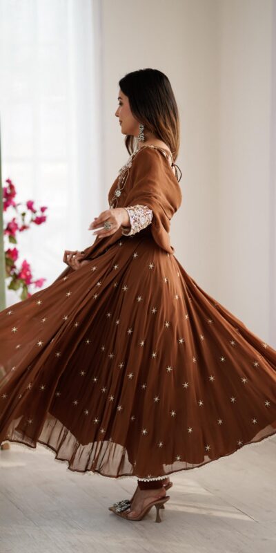 Brown Blooming Faux Embroidery Work Gown | Lehenga, Bollywood Lehenga, Creative Lehenga, Designer Lehenga, Embroidered Lehenga, Party Wear Lehenga