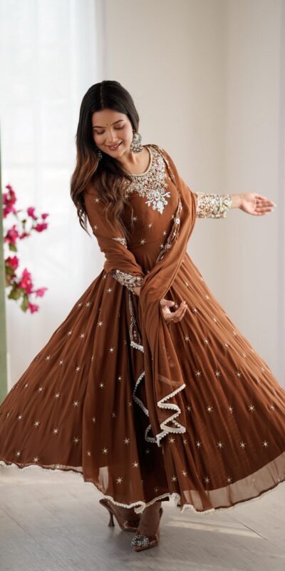 Brown Blooming Faux Embroidery Work Gown | Lehenga, Bollywood Lehenga, Creative Lehenga, Designer Lehenga, Embroidered Lehenga, Party Wear Lehenga
