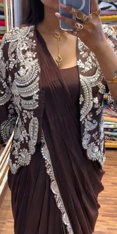 Brown Faux Georgette Embroidery Work Saree | Sarees, Bollywood Sarees, Creative Sarees, Designer Sarees, Embroidered Sarees, Ethnic Saree, Modern Digital sarees, Party Wear Sarees