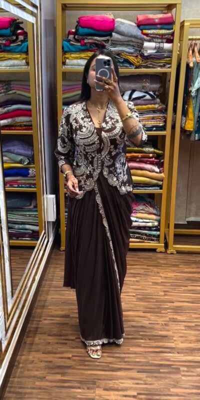 Brown Faux Georgette Embroidery Work Saree | Sarees, Bollywood Sarees, Creative Sarees, Designer Sarees, Embroidered Sarees, Ethnic Saree, Modern Digital sarees, Party Wear Sarees