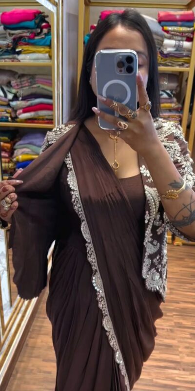 Brown Faux Georgette Embroidery Work Saree | Sarees, Bollywood Sarees, Creative Sarees, Designer Sarees, Embroidered Sarees, Ethnic Saree, Modern Digital sarees, Party Wear Sarees