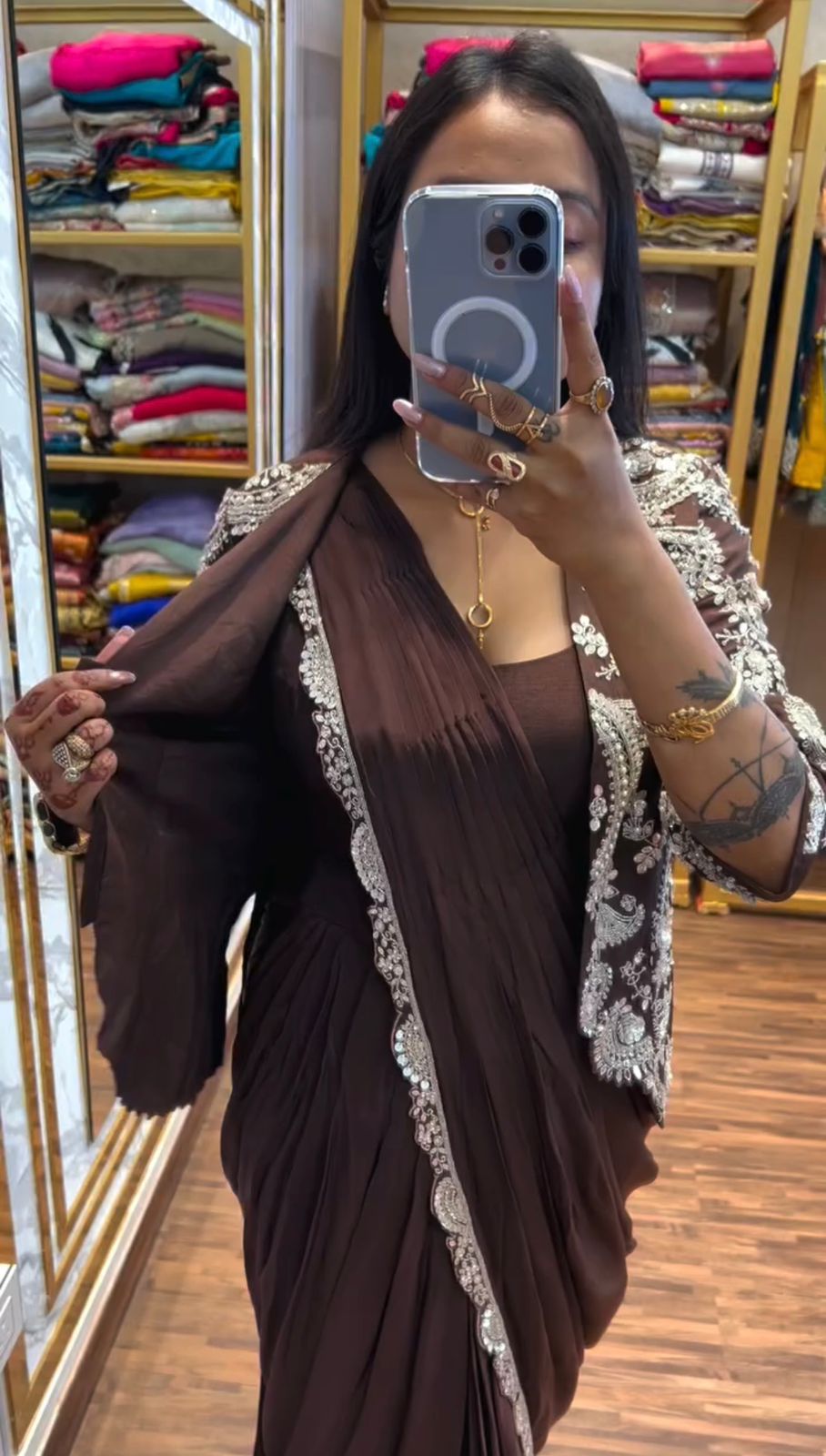 Brown Faux Georgette Embroidery Work Saree | Sarees, Bollywood Sarees, Creative Sarees, Designer Sarees, Embroidered Sarees, Ethnic Saree, Modern Digital sarees, Party Wear Sarees