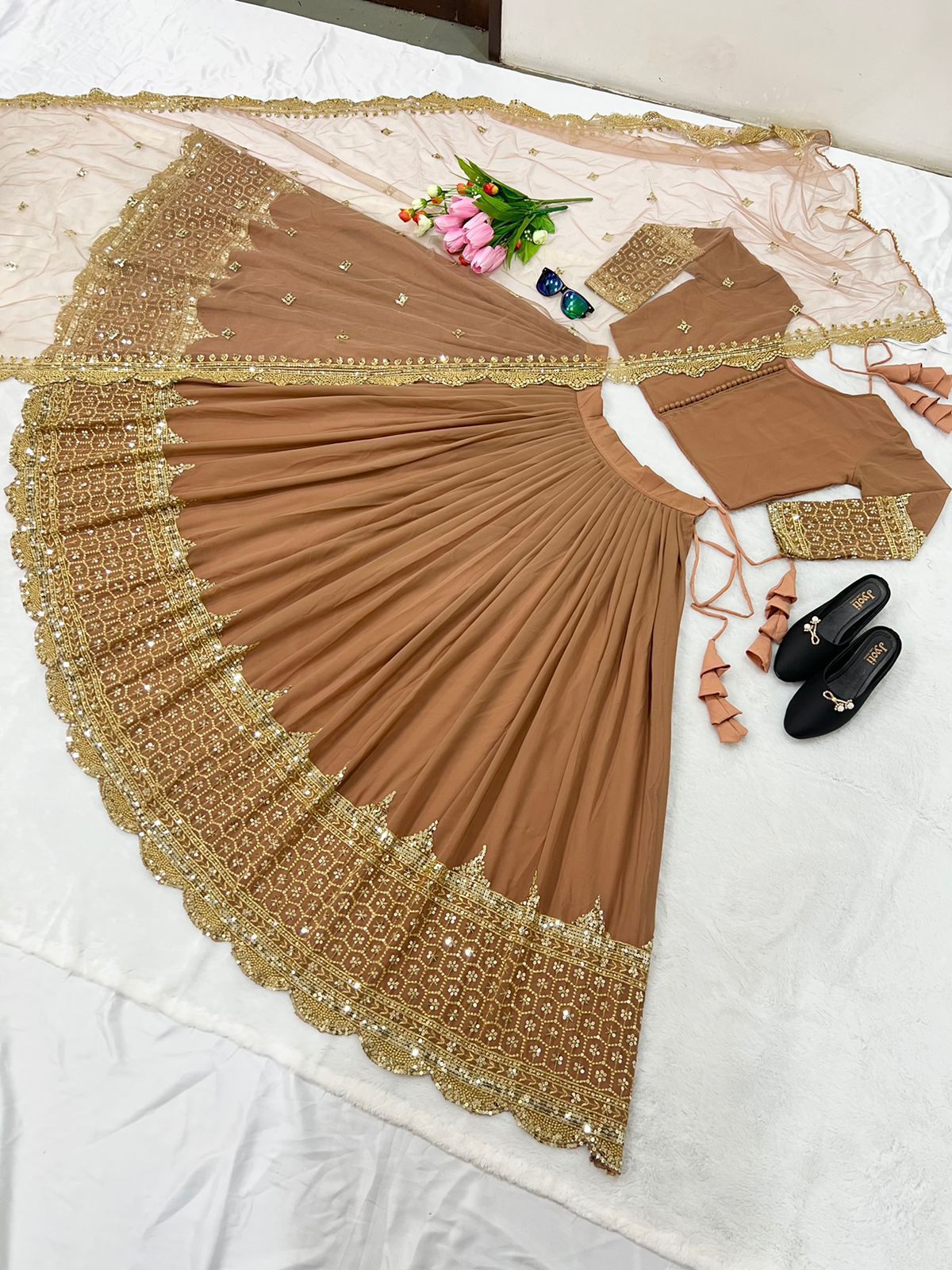 Brown Georgette Embroidery Lehenga Choli | Lehenga, Bollywood Lehenga, Creative Lehenga, Designer Lehenga, Embroidered Lehenga, Party Wear Lehenga