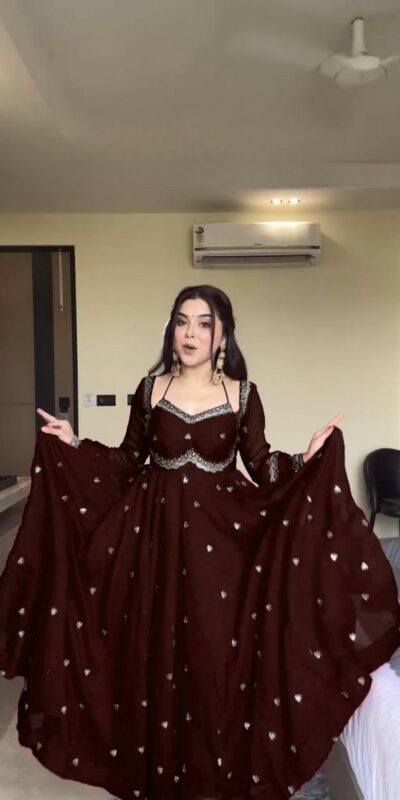 Brown Georgette Sequence Gown | Gowns, Bollywood Gowns, Creative Gowns, Designer Gowns, Embroidered Gowns, Party Wear Gowns