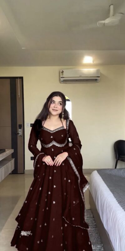 Brown Georgette Sequence Gown | Gowns, Bollywood Gowns, Creative Gowns, Designer Gowns, Embroidered Gowns, Party Wear Gowns