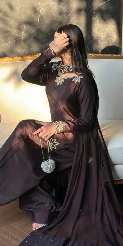 Brown Natural Crep Embroidery Work Salwar Suit | Jump Suits, Salwar suit, Casual Suits, Creative suits, Designer Suits, Palazzo Suits, Party Wear Suits, Patiala Suits, Straight Suits