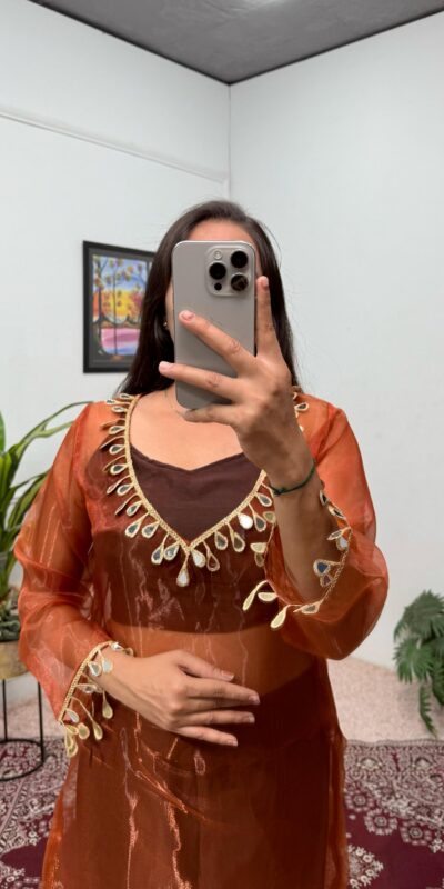 Brown Organza Mirror Lace Work Salwar Suit | Jump Suits, Salwar suit, Casual Suits, Creative suits, Designer Suits, Palazzo Suits, Party Wear Suits, Patiala Suits, Straight Suits