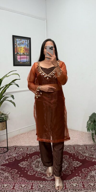 Brown Organza Mirror Lace Work Salwar Suit | Jump Suits, Salwar suit, Casual Suits, Creative suits, Designer Suits, Palazzo Suits, Party Wear Suits, Patiala Suits, Straight Suits