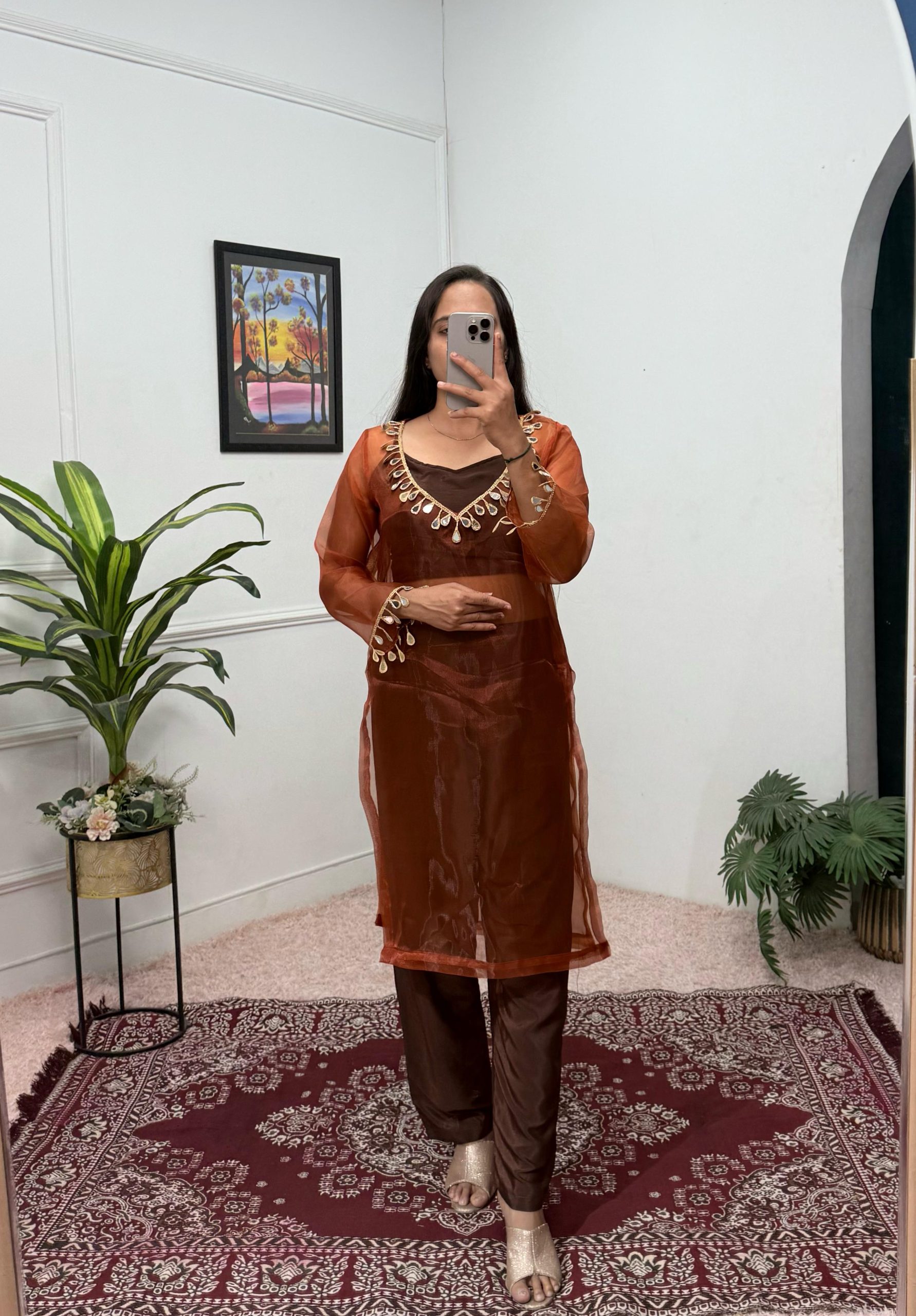 Brown Organza Mirror Lace Work Salwar Suit | Jump Suits, Salwar suit, Casual Suits, Creative suits, Designer Suits, Palazzo Suits, Party Wear Suits, Patiala Suits, Straight Suits