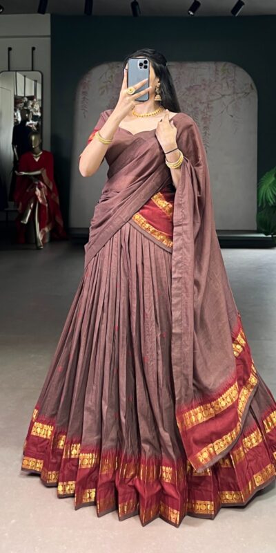 Brown Pure Chanderi Zari Work Lehenga Choli | Lehenga, Bollywood Lehenga, Creative Lehenga, Designer Lehenga, Embroidered Lehenga, Party Wear Lehenga