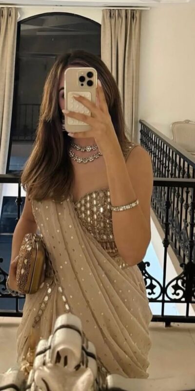 Chiku Faux Georgette Sequins Work Saree | Sarees, Bollywood Sarees, Creative Sarees, Designer Sarees, Embroidered Sarees, Ethnic Saree, Modern Digital sarees, Party Wear Sarees
