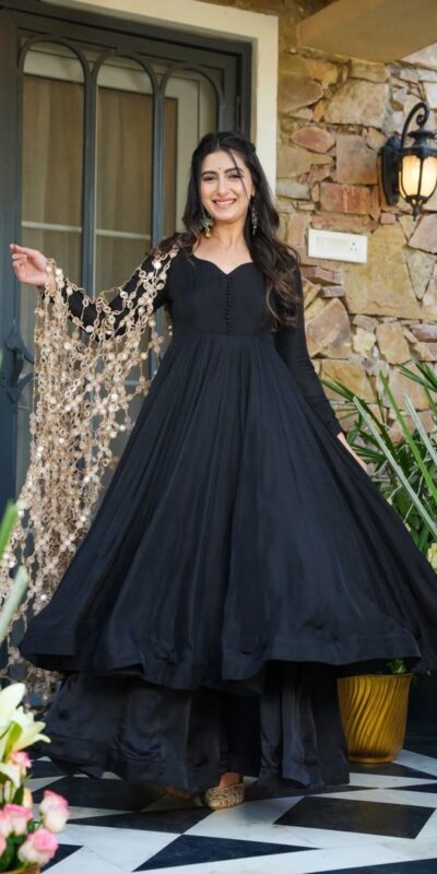 Classic Black Roman Silk Net Mirror Dupatta Gown | Gowns, Bollywood Gowns, Creative Gowns, Designer Gowns, Embroidered Gowns, Party Wear Gowns