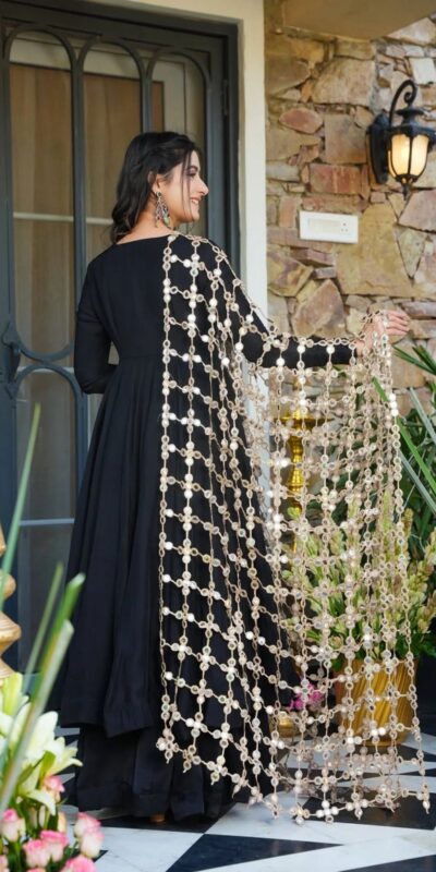 Classic Black Roman Silk Net Mirror Dupatta Gown | Gowns, Bollywood Gowns, Creative Gowns, Designer Gowns, Embroidered Gowns, Party Wear Gowns