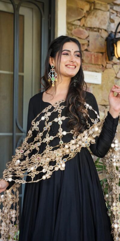 Classic Black Roman Silk Net Mirror Dupatta Gown | Gowns, Bollywood Gowns, Creative Gowns, Designer Gowns, Embroidered Gowns, Party Wear Gowns