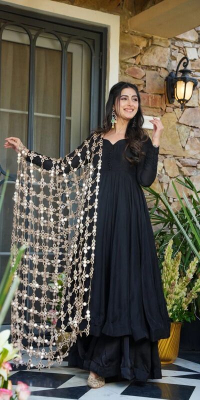 Classic Black Roman Silk Net Mirror Dupatta Gown | Gowns, Bollywood Gowns, Creative Gowns, Designer Gowns, Embroidered Gowns, Party Wear Gowns