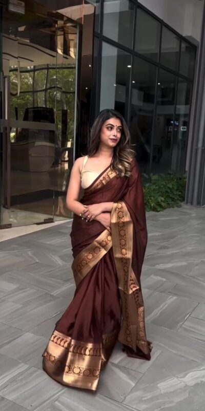 Classic Brown Lichi Silk Jacquard Work Saree | Sarees, Bollywood Sarees, Creative Sarees, Designer Sarees, Embroidered Sarees, Ethnic Saree, Modern Digital sarees, Party Wear Sarees
