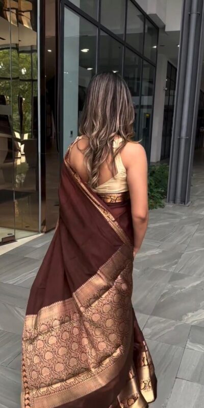 Classic Brown Lichi Silk Jacquard Work Saree | Sarees, Bollywood Sarees, Creative Sarees, Designer Sarees, Embroidered Sarees, Ethnic Saree, Modern Digital sarees, Party Wear Sarees