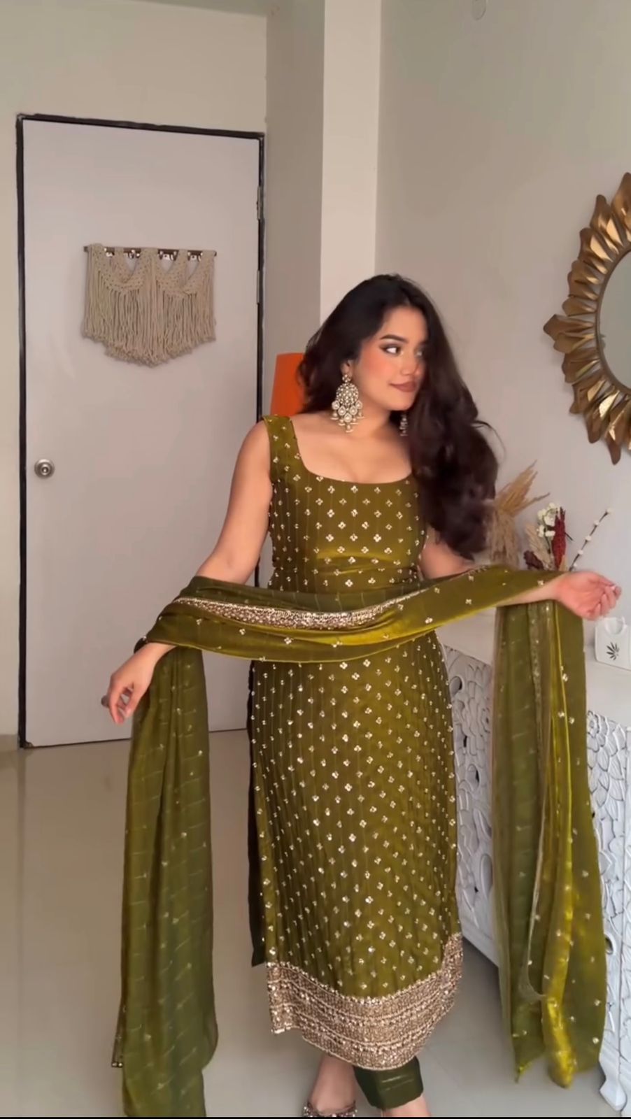 Classic Mehendi Fendy Silk Sequence Work Salwar Suit | Jump Suits, Salwar suit, Casual Suits, Creative suits, Designer Suits, Palazzo Suits, Party Wear Suits, Patiala Suits, Straight Suits