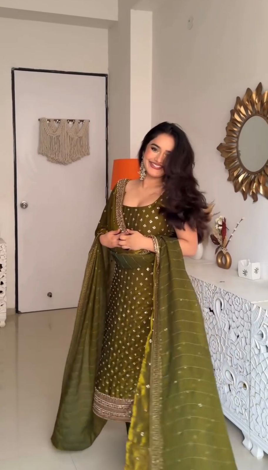 Classic Mehendi Fendy Silk Sequence Work Salwar Suit | Jump Suits, Salwar suit, Casual Suits, Creative suits, Designer Suits, Palazzo Suits, Party Wear Suits, Patiala Suits, Straight Suits